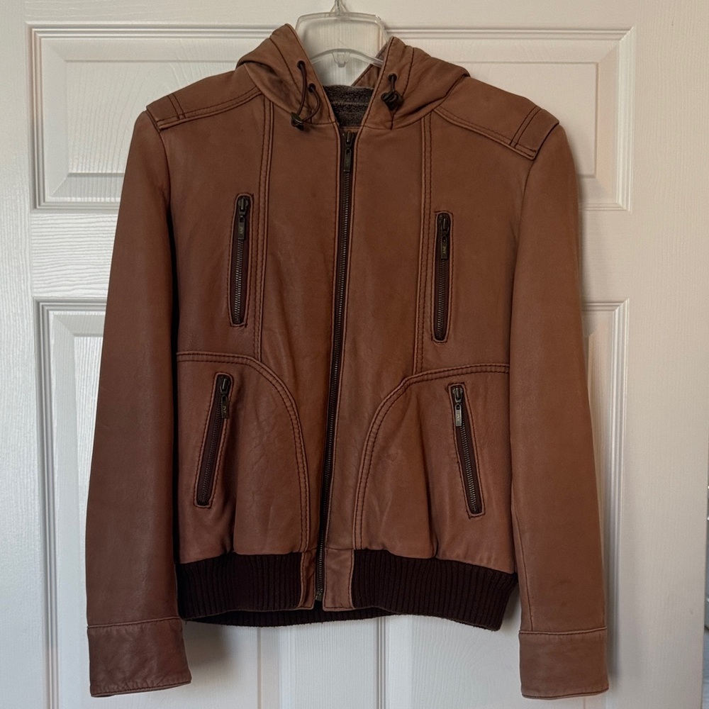 Jones New York Brown Leather Moto Jacket with Hood